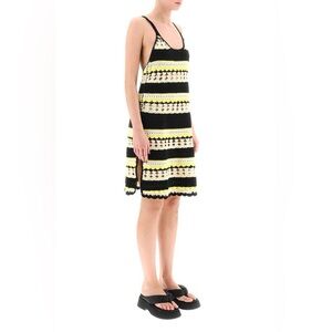 Ganni Black, Yellow & Cream Crocheted Stripe Mini Dress